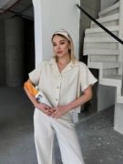 Keten Kısa Kollu Gömlek Pantolon Ikili Takım - Beyaz resmi